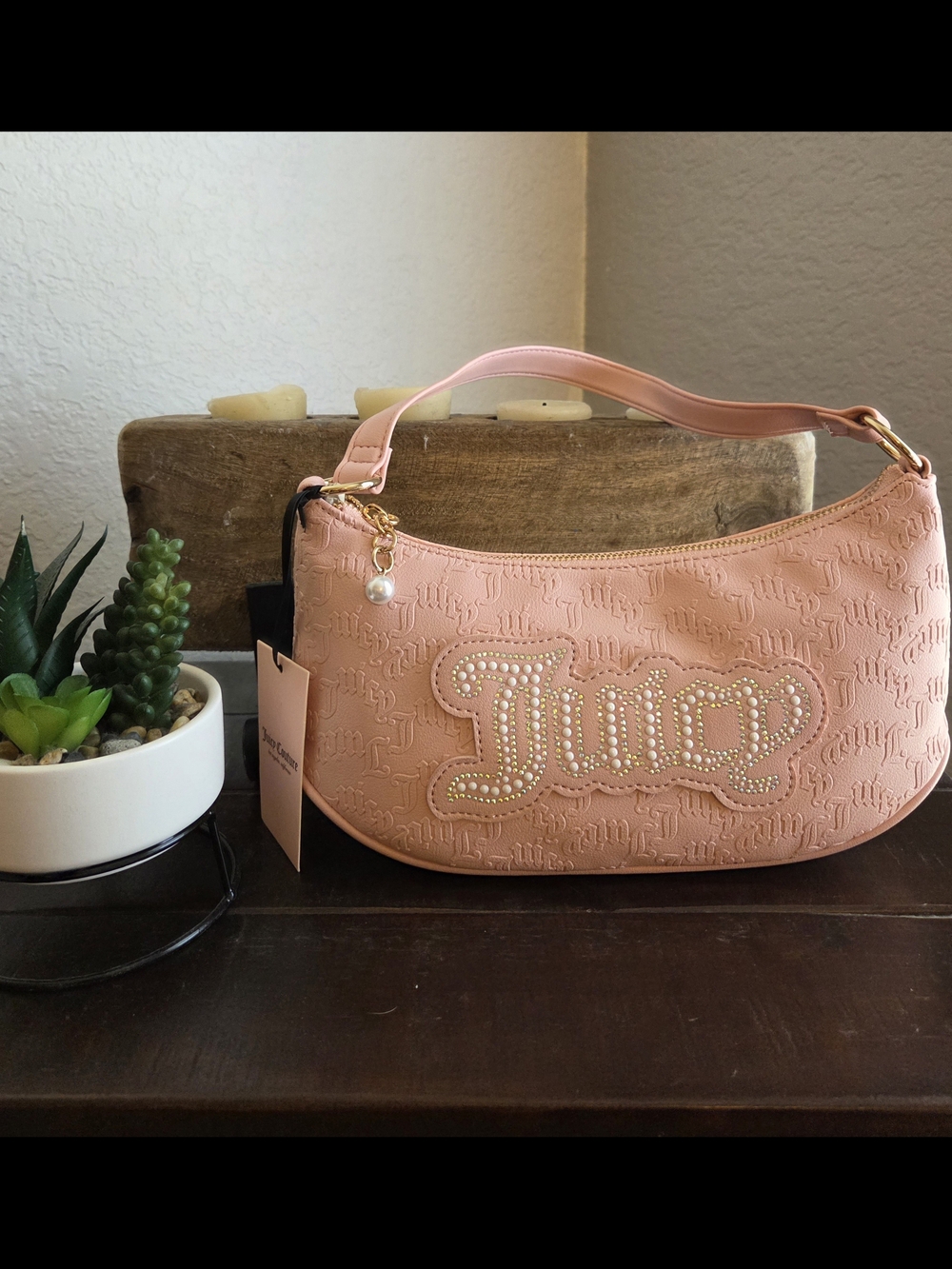 Juicy Couture Pastel Pink Pearl-Stud Logo Shoulder Bag